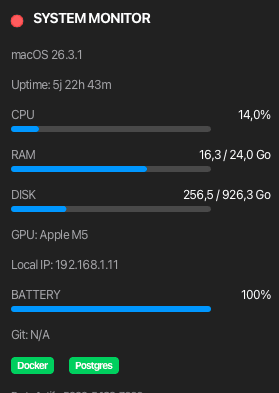 Capture d'écran de l'application TinyMonitor montrant le widget de surveillance CPU et RAM.
